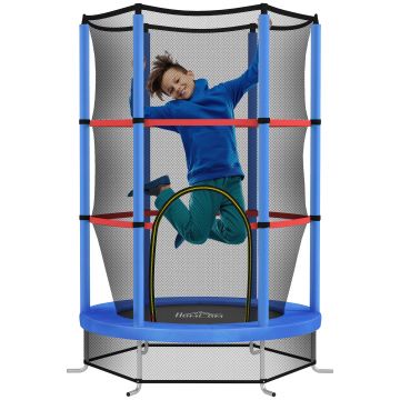 HOMCOM Saltea Elastică pentru Copii 3-6 Ani cu Plasă de Protecție, 6 Stâlpi și 3 Intrări, Ø140x190 cm, Albastru | Aosom Romania