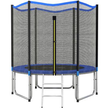 SPORTNOW Trambulină Elastică pentru Adulți Ø244cm, Covor Elastic pentru Adulți cu Plasă de Protecție, Scară cu 2 Trepte, Protecție pentru Arcuri, Structură din Oțel, Capacitate 100kg, Albastru | Aosom Romania