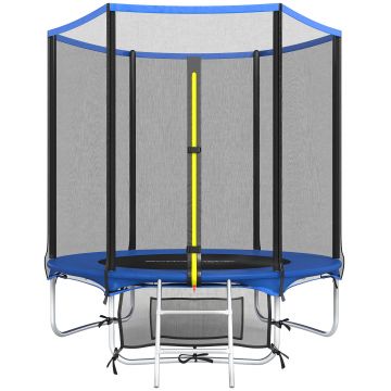 SPORTNOW Trambulină Exterior Ø183 cm Trambulină pentru copii +6 ani și adulți cu plasă de siguranță Scară cu 2 trepte Albastru | Aosom Romania