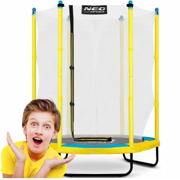 Trambulina de gradina pentru copii 140 cm 4.5ft Neo-Sport Galben,Plasa interioara, Stalpi metalici cu protectie din burete, Intrare cu fermoar si catarama, Covoras impermeabil flexibil