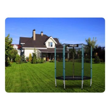 Trambulina de gradina pentru copii 140 cm 4.5ft Neo-Sport Verde inchis, Plasa interioara, Stalpi metalici cu protectie din burete, Intrare cu fermoar si catarama, Covoras impermeabil flexibil