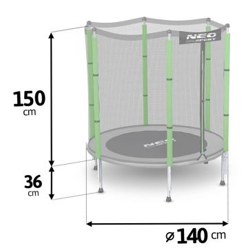 Trambulina de gradina pentru copii Neo-Sport Verde 140 cm 4.5FT, Plasa exterioara, Stalpi metalici cu protectie din burete, Intrare cu fermoar si catarama, Covoras impermeabil flexibil
