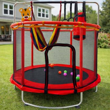 Trambulina pentru copii Ikonka Red, cu set complet de accesorii, include cos de baschet, minge, hamac, diametru 155 cm, pana la 150 kg